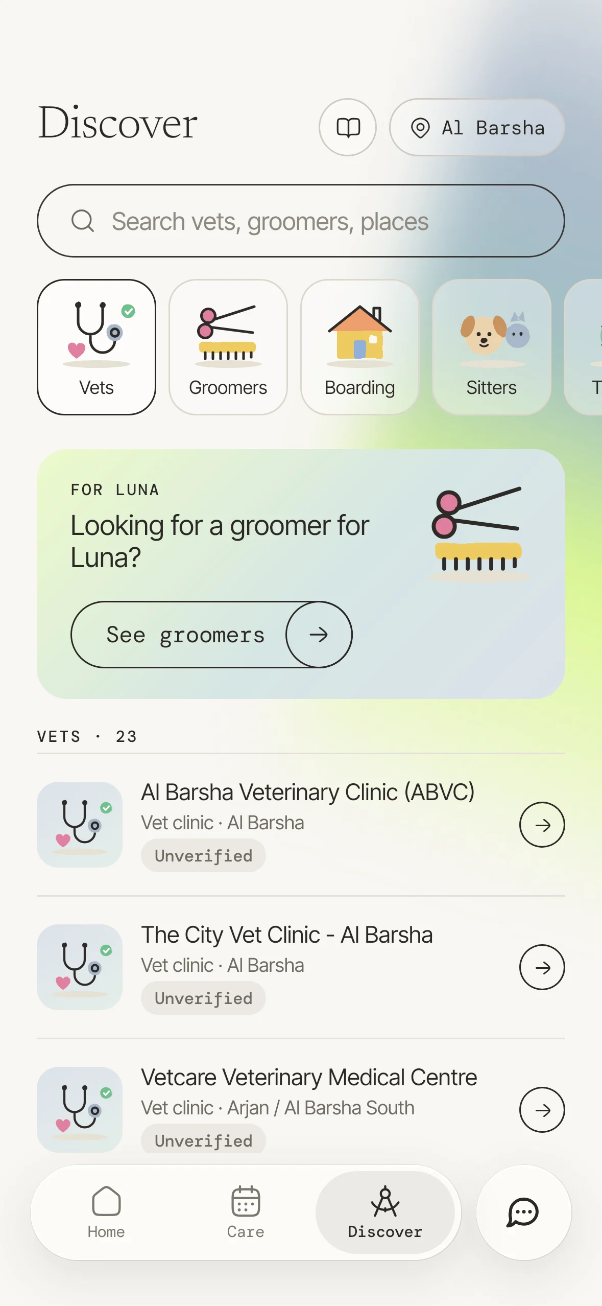 Mori Discover screen listing nearby vets